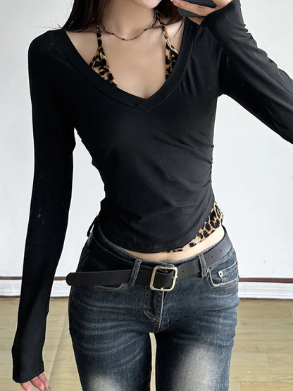Patchwork Leopard Haled Fake Two Piece T-Shirt Women Long Sleeve Sexy Slim Design s New Blouses & Shirt Fashion