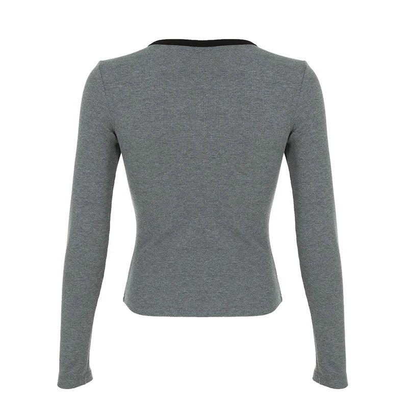 Solid Chain Print O-Neck Long Sleeve Women Blouses Gothic Punk Chic Fashion Autumn Basic Trendy Top Tees