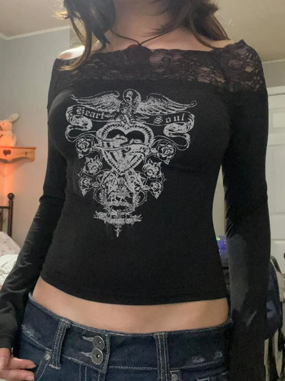 Gothic Retro Lace Trim Slash Neck Blouses Women¡¯ Long Sleeve Y2k Darkly Chic Print Autumn Trendy Fashion Tops
