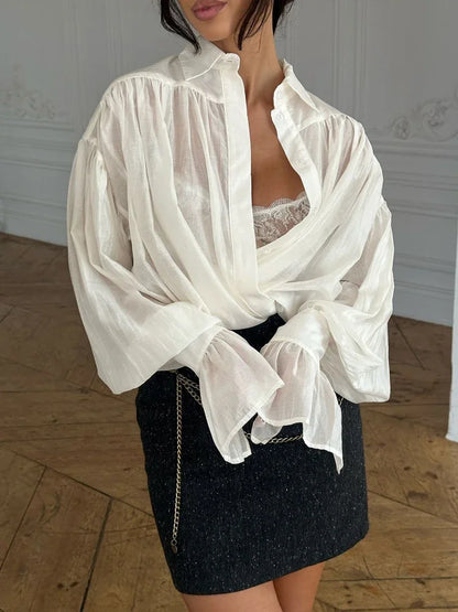 Casual Loose See-Through Shirts Women’s Autumn Lapel Long Sleeve Patchwork Blouse Top Streetwear Female Solid Shirts Top