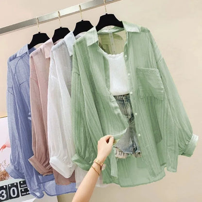 Women Elegant Long Sleeve Perspective Sheer Sunscreen Chiffon Blouse Korean Fashion Loose Shirt Women Summer Beach Cardigans