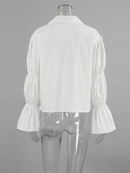 Chiffon Lace-Up Hollow Out Shirts Women’s Lapel Patchwork Bandage Long Sleeve Fashion Blouse Top Female White Outwear