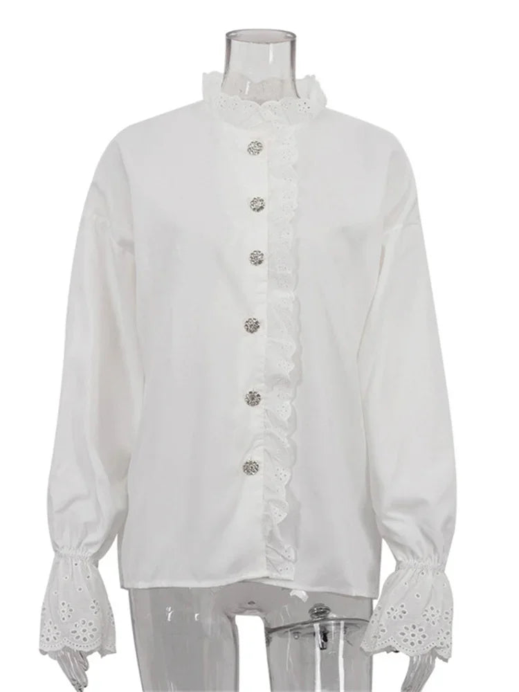 Female Glitter Ruffled Shirts Top Inner Patchwork Long Sleeve Casual Commute Clothes Hollow Out Elegant Women’s Blouses