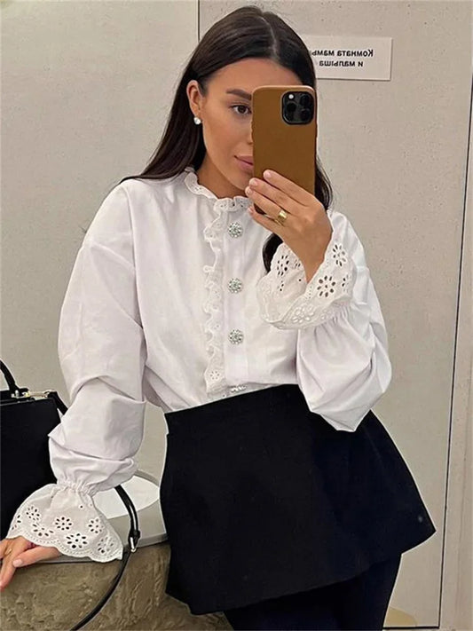 Female Glitter Ruffled Shirts Top Inner Patchwork Long Sleeve Casual Commute Clothes Hollow Out Elegant Women’s Blouses