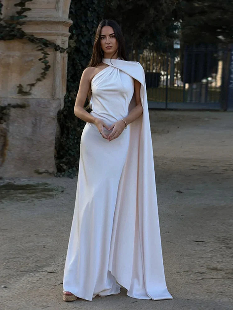 Women Satin Ribbon Halter Party Evening Dress Women Elegant Backless Off Shoulder Sleeveless Long Dresses Fashion Lady Robes