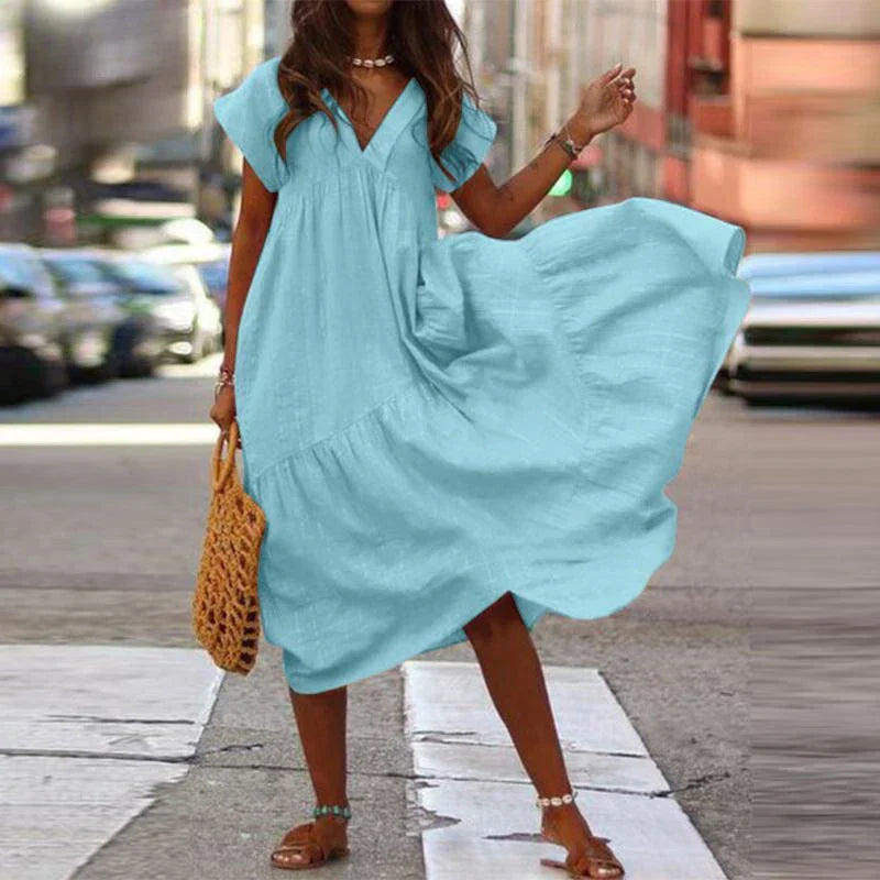 Cotton Linen Oversize Loose V-neck Boho Dress
