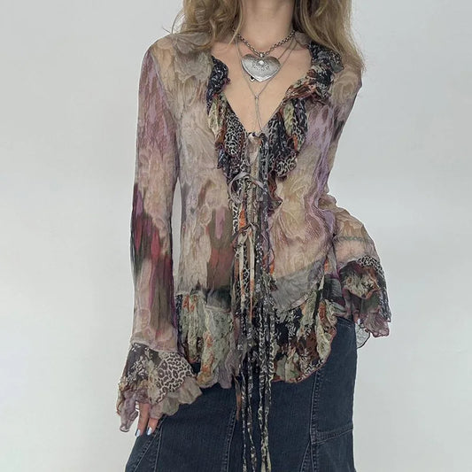 y2k Fairycore Top Women Clothing Floral Print Ruffle Flared Long Sleeve Blouse Shirt 2000s Grunge Clothes Streetwear