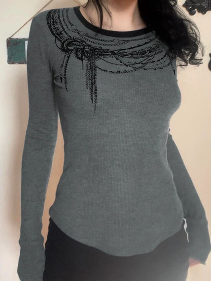 Solid Chain Print O-Neck Long Sleeve Women Blouses Gothic Punk Chic Fashion Autumn Basic Trendy Top Tees