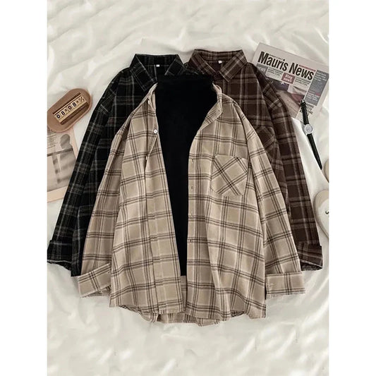 Vintage Oversized Plaid Shirts Women Streetwear Long Sleeve Blouses Harajuku Korean Pocket Loose Casual All Match Tops New