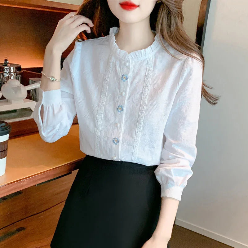 Embroidery Women Spring Autumn Blouses Shirts Lady Casual Long Sleeve Stand Collar Solid Color Blusas Tops DF4774