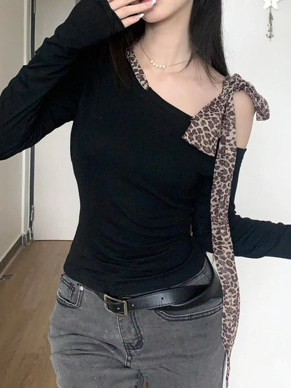 Design Skew Collar Leopard Lace-Up Top Tees s Autumn Women Trendy Clothes Long Sleeve Slim Y2k Blouse New
