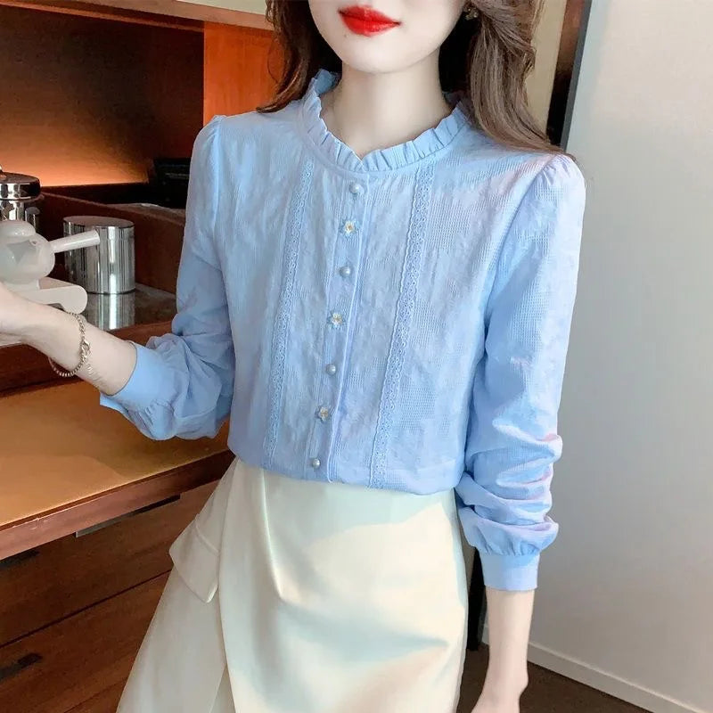 Embroidery Women Spring Autumn Blouses Shirts Lady Casual Long Sleeve Stand Collar Solid Color Blusas Tops DF4774