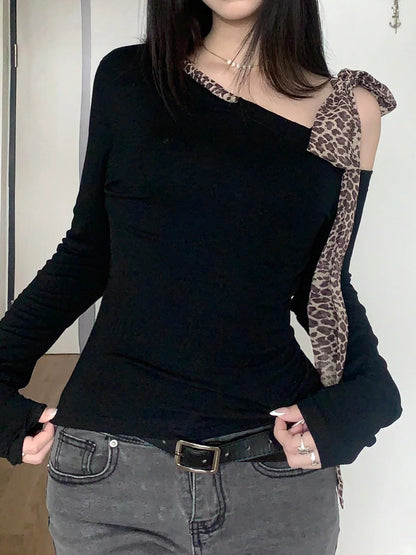 Design Skew Collar Leopard Lace-Up Top Tees s Autumn Women Trendy Clothes Long Sleeve Slim Y2k Blouse New