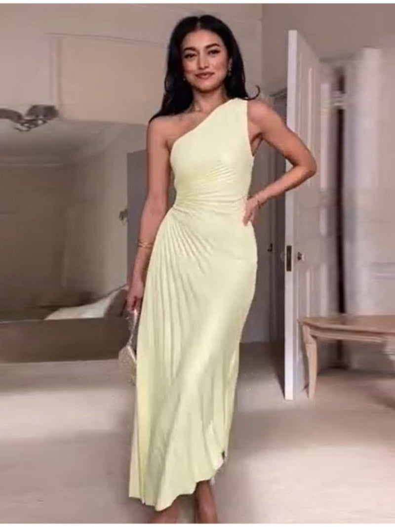Women's Elegant One Shoulder Cinched Waist Pleated Evening Dress | Ideal for Spring/Summer