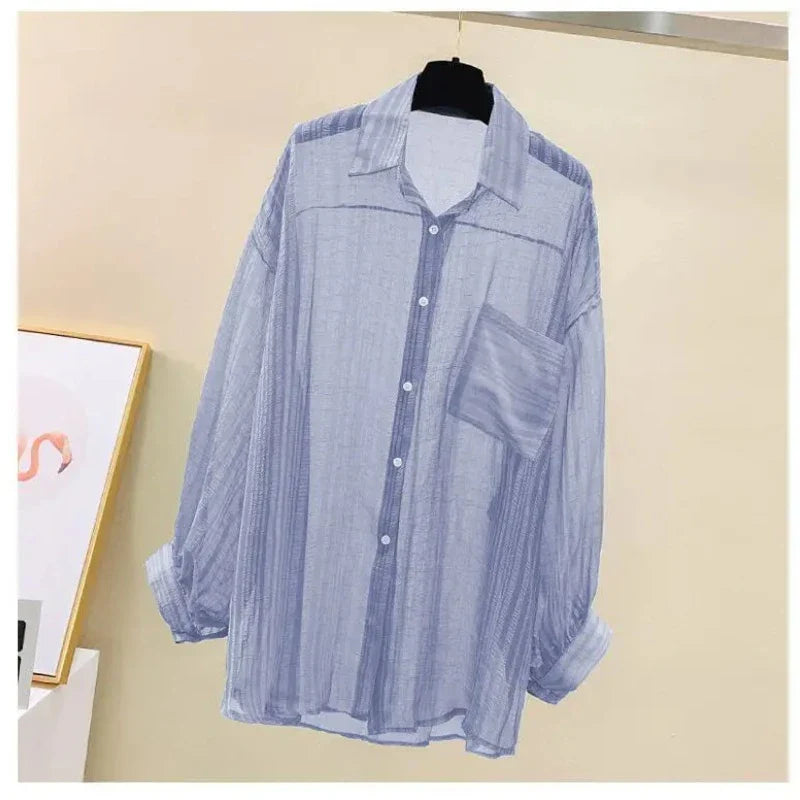 Women Elegant Long Sleeve Perspective Sheer Sunscreen Chiffon Blouse Korean Fashion Loose Shirt Women Summer Beach Cardigans