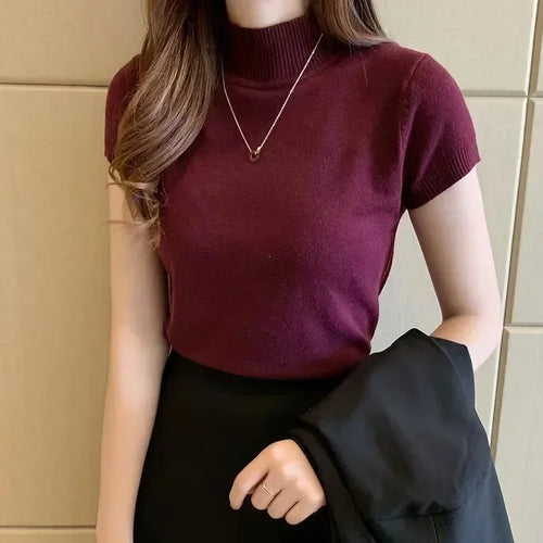 Womens Tops And Blouses Summer Short Sleeve Blouse Women Blusas Mujer De Moda  Turtleneck Knitted Blouse Shirt Tops