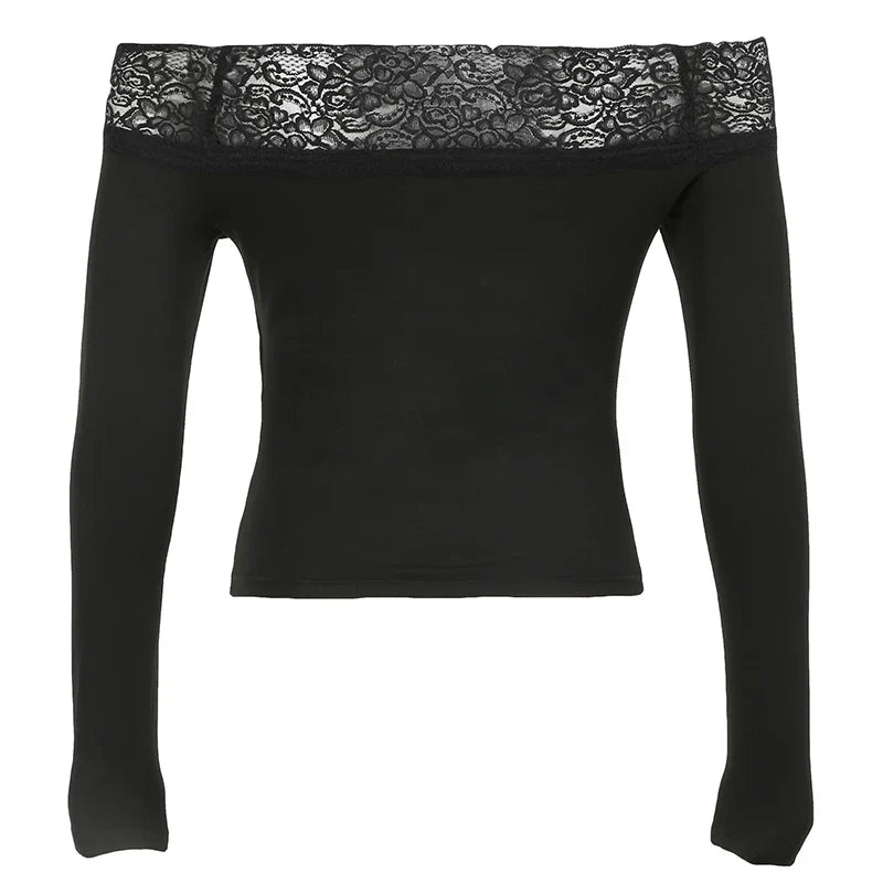 Gothic Retro Lace Trim Slash Neck Blouses Women¡¯ Long Sleeve Y2k Darkly Chic Print Autumn Trendy Fashion Tops