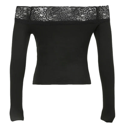 Gothic Retro Lace Trim Slash Neck Blouses Women¡¯ Long Sleeve Y2k Darkly Chic Print Autumn Trendy Fashion Tops