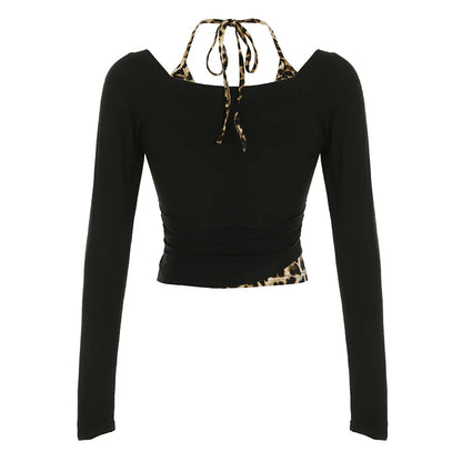 Patchwork Leopard Haled Fake Two Piece T-Shirt Women Long Sleeve Sexy Slim Design s New Blouses & Shirt Fashion