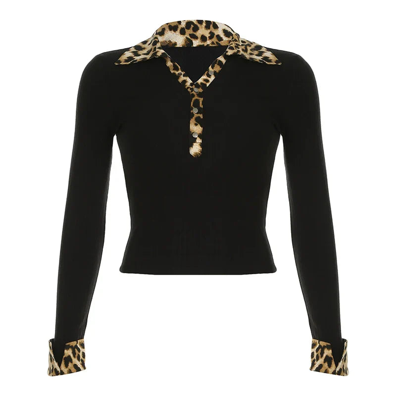 Leopard Up Turn Down Collar Button Long Sleeve Blouses Women s Autumn New Knitter Basic Chic Fashion Top Tees
