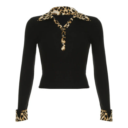 Leopard Up Turn Down Collar Button Long Sleeve Blouses Women s Autumn New Knitter Basic Chic Fashion Top Tees