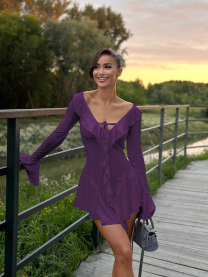 Sexy Deep V Ruffled Bodycon Short Skirt For Women  Fall Ruffled Flared Sleeves Party Evening Dress Street Clothing