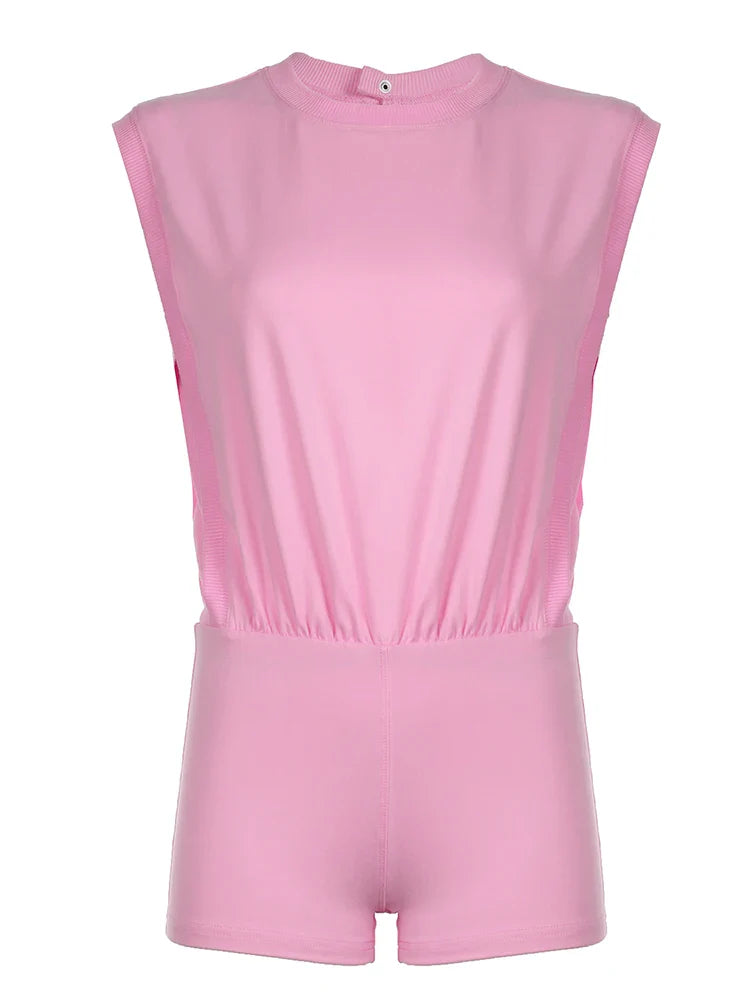 Hollow Out Back Sleeveless Boho Blouse Rompers Womens O Neck Solid Simple Casual Summer Vacation Beach Playsuits Pink
