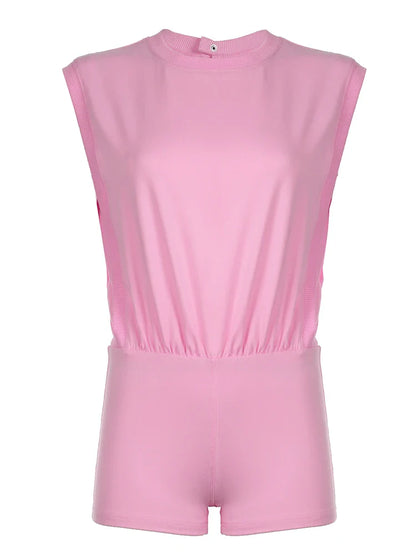 Hollow Out Back Sleeveless Boho Blouse Rompers Womens O Neck Solid Simple Casual Summer Vacation Beach Playsuits Pink