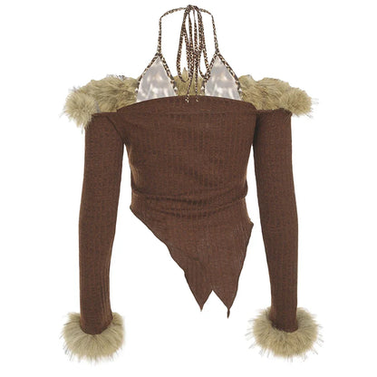 Slim Fit Sexy Halter Fake Two Piece Women¡¯s Tops Fashion Patchwork Faux Slash Collar Long Sleeves Autumn Blouses