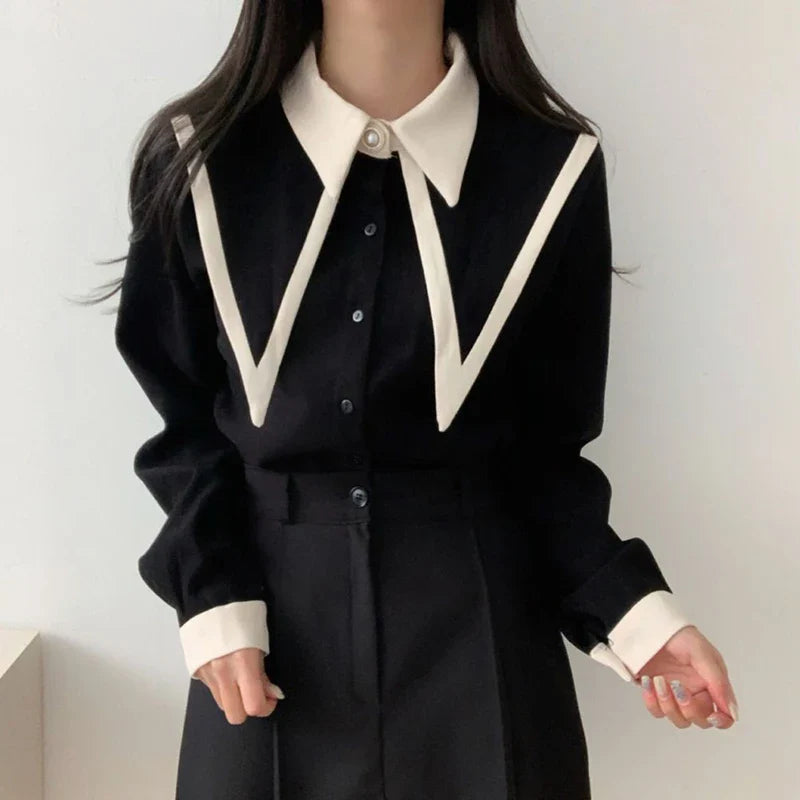 Vintage Shirts Women Korean Patchwork Black Long Sleeve Blouses Office Ladies Elegant Red Casual Chic Chiffon Tops New