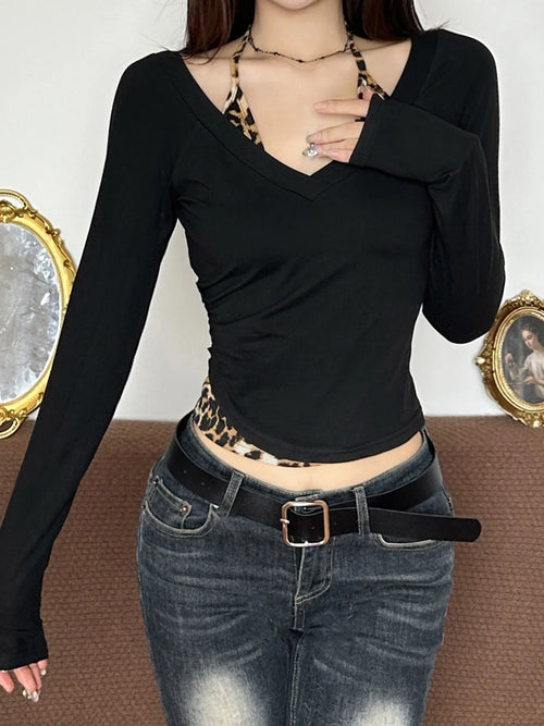 Patchwork Leopard Haled Fake Two Piece T-Shirt Women Long Sleeve Sexy Slim Design s New Blouses & Shirt Fashion