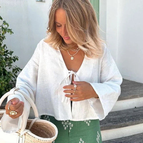 Lace Up Bow Cotton Linen Flare Sleeve Blouse