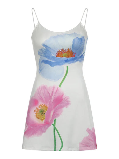 Backless Floral Print Romantic Vacation Boho Dress Women Sleeveless Sexy Summer Spaghetti Staps Short Dresses