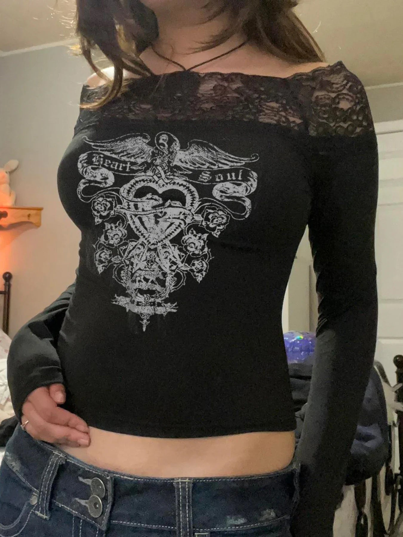 Gothic Retro Lace Trim Slash Neck Blouses Women¡¯ Long Sleeve Y2k Darkly Chic Print Autumn Trendy Fashion Tops