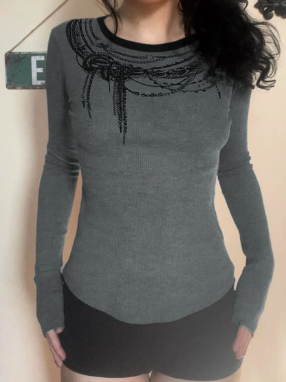 Solid Chain Print O-Neck Long Sleeve Women Blouses Gothic Punk Chic Fashion Autumn Basic Trendy Top Tees