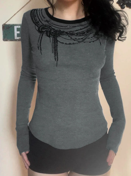 Solid Chain Print O-Neck Long Sleeve Women Blouses Gothic Punk Chic Fashion Autumn Basic Trendy Top Tees