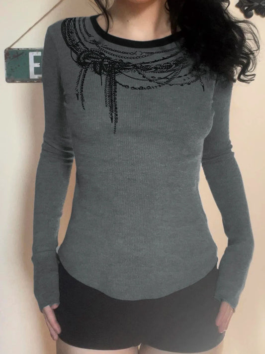 Solid Chain Print O-Neck Long Sleeve Women Blouses Gothic Punk Chic Fashion Autumn Basic Trendy Top Tees