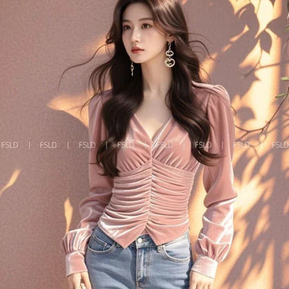 Velvet Long Sleeve T Shirt Women V Neck Casual Lady Tee Youth Elegant Luxury Top Basic Blouse  Fashion New