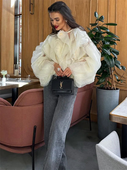 Patchwork Ruffled White Shirts Fashion Elegant For Women High Waist Long Sleeve Casual Streetwear Ladies Blouse Top
