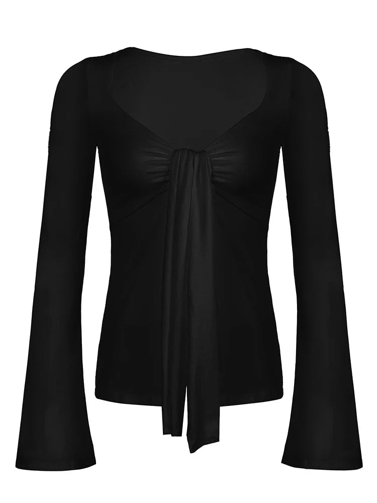 Black Tie V Neck Elegant Split Slim Sexy Blouses Women Flared Long Sleeve Solid Basic Fashion Spring Autumn Shirts