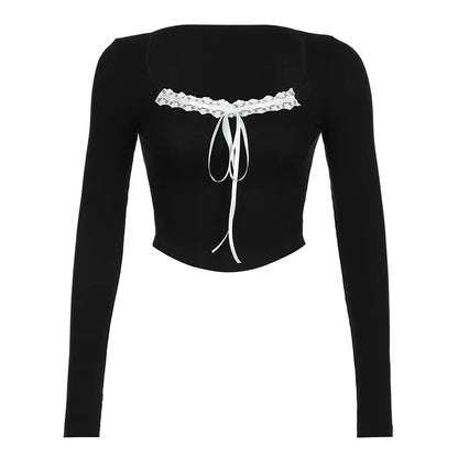 Cute Sweet Fairy Style Women¡¯s Tops Autumn Long Sleeve Slim Knitted Bowknot Lace Trim Square Collar Blouses