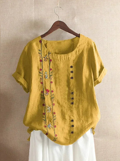 Fashion Flower Embroidery Cotton Linen Shirt Casual Summer Women O-neck Short Sleeve White Pullover Top Elegant Street Blouse