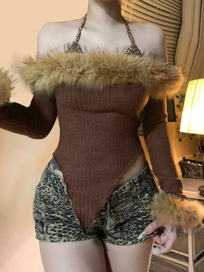 Slim Fit Sexy Halter Fake Two Piece Women¡¯s Tops Fashion Patchwork Faux Slash Collar Long Sleeves Autumn Blouses