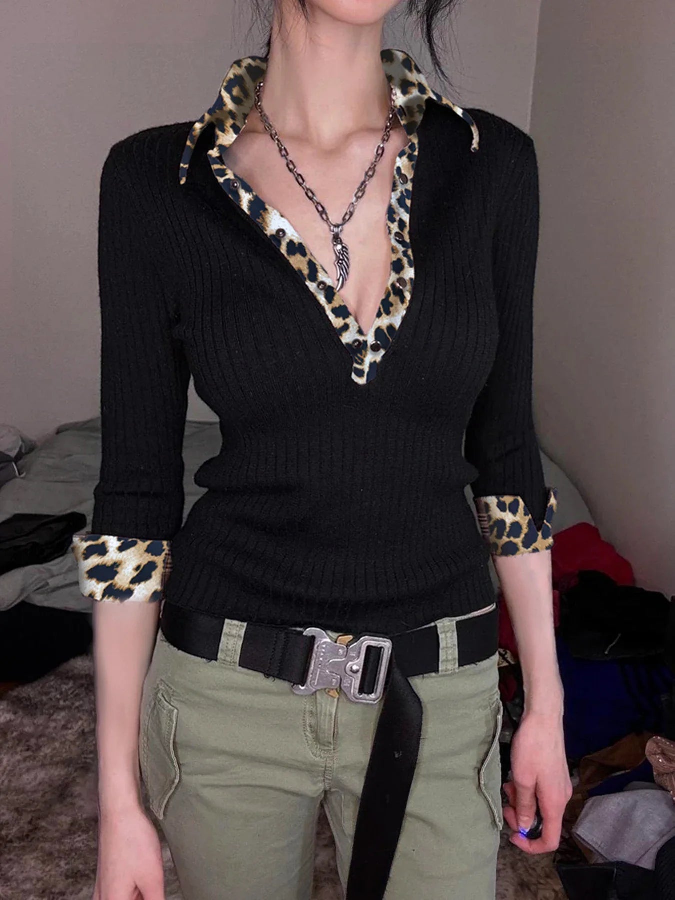 Leopard Up Turn Down Collar Button Long Sleeve Blouses Women s Autumn New Knitter Basic Chic Fashion Top Tees