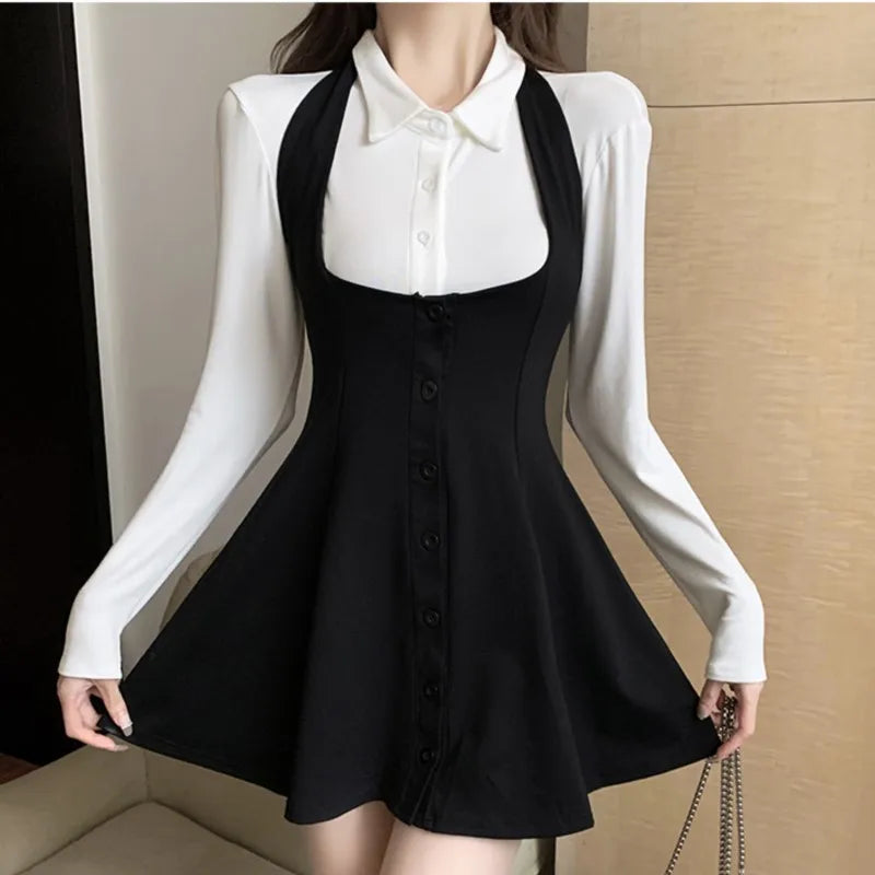 Autumn New Two-piece Skirt Sets Women Long Sleeve White Blouse High Waist Halter Mini Dress Korean Fashion Y2K Harajuku Outfits