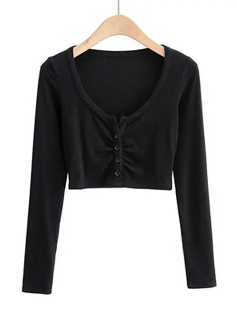 Slim V-neck Long Sleeve Bottomed Womens Tops And Blouses High Street Solid Color Open Navel Cardigan