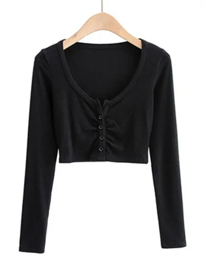 Slim V-neck Long Sleeve Bottomed Womens Tops And Blouses High Street Solid Color Open Navel Cardigan