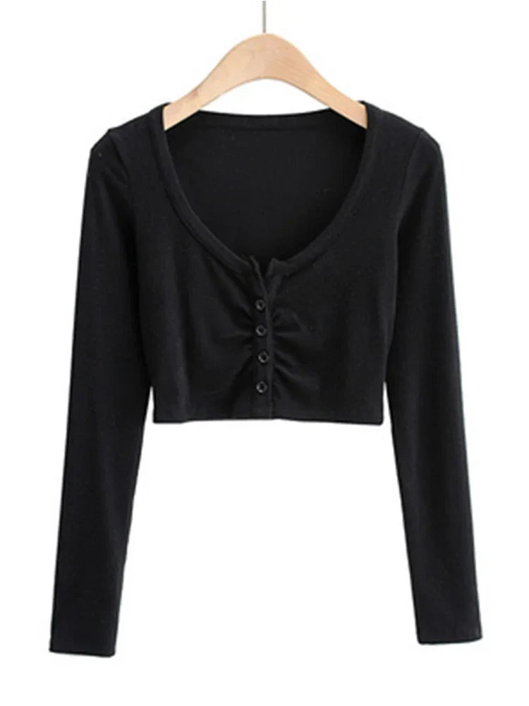 Slim V-neck Long Sleeve Bottomed Womens Tops And Blouses High Street Solid Color Open Navel Cardigan