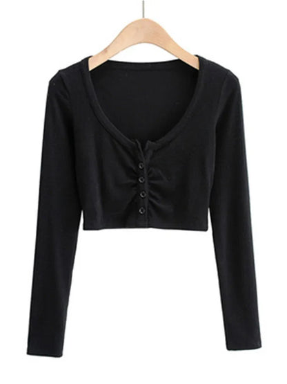 Slim V-neck Long Sleeve Bottomed Womens Tops And Blouses High Street Solid Color Open Navel Cardigan