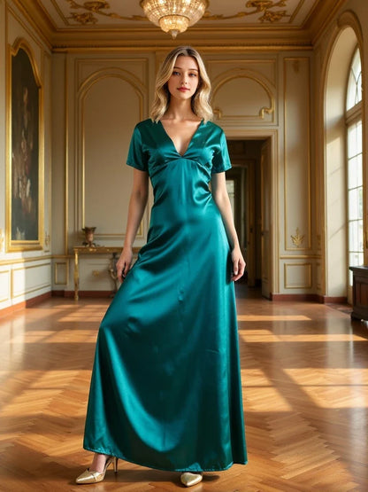 Temperament V-neck High Waist Evening Dress Sexy Backless Solid Sleeveless Elegant Party Dresses 2025 Women’s Hollow Long Dress